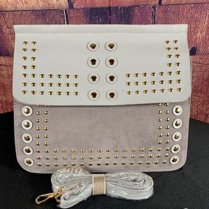 HELLO 3aM Grey Leather Suede Purse w/Gold Studs